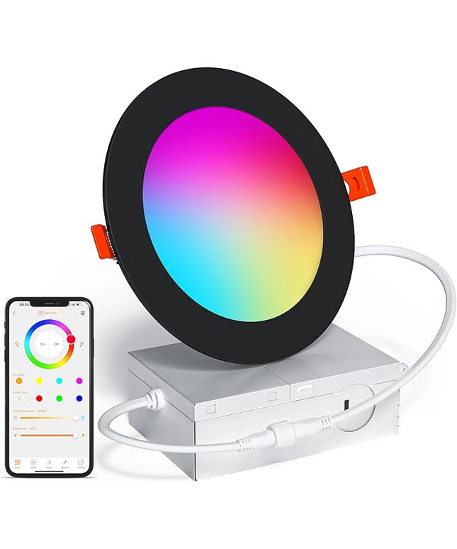 Black Smart Recessed Lighting 4 Inch RGBCW Color Changing 12W LED Downlight with Junction Box,1000 Lumen Recessed Ceiling Light Compatible with Alexa,Dimmable by Bluetooth Control -1Pack