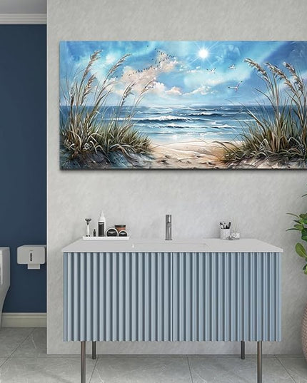 hyidecorart Large Wall Art For Living Room Wall Decor For Bedroom Sunshine Ocean Scenery Painting Blue Sea Waves Wall Pictures Office Modern Canvas Prints Artwork Aesthetic Home Decoration 48"X 24"