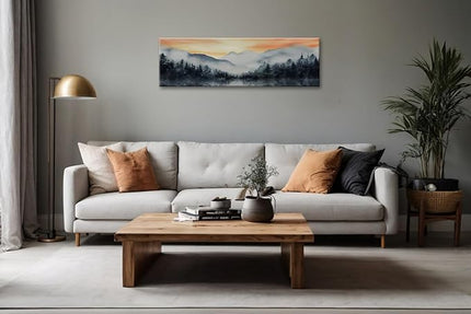 Forest Sunset Wall Art - 13.8"x45.3" Large Framed Canvas Print, Misty Mountain Landscape Painting, Nature Scenery Decor for Living Room, Bedroom, Office, Ready to Hang