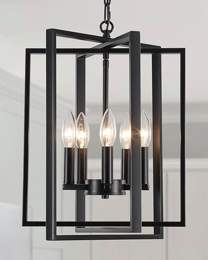 Black Modern Farmhouse Chandelier for Dining Room, 5-Light Pendant Lights Fixtures for Kitchen Island, Foyer Lighting Fixtures High Ceiling for Entryway Hallway Living Room Bedroom
