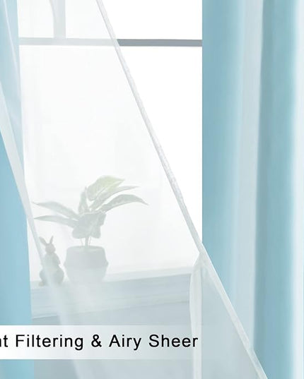 Hiasan Blackout Curtains with Sheer Overlay - 52W X 120L,Two Layer Thermal Insulated Mix & Match Grommet Window Curtains for Bedroom, Living Room, 2 Drape Panels with Tiebacks, Turquoise