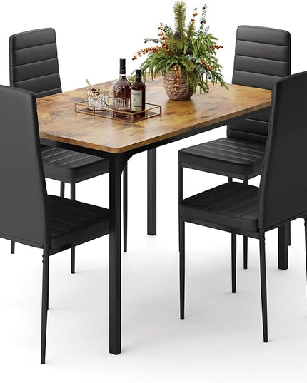 Gizoon Dining Table Set for 4, 5 Piece Kitchen Table Set with 4 Upholstered PU Leather Chairs for Dining Room, Living Room, Apartment, Small Space, Retro