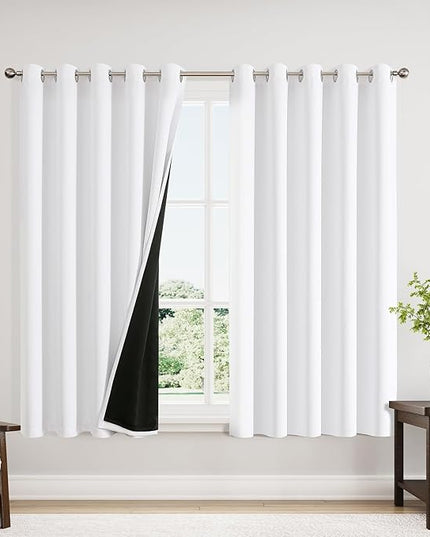 ChrisDowa 100% Blackout Curtains 63 inch Long for Bedroom with Black Liner, Extra Wide 2 Thick Layers Total Blackout Thermal Insulated Grommet Window Curtains 2 Panels Set (Pure White, 60 x 63 Inch)