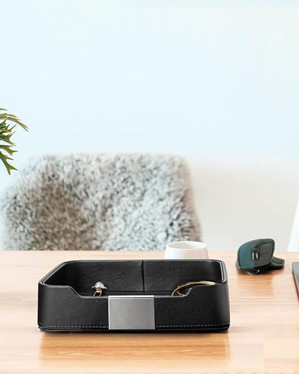 SANZIE Luxury Leather Tray Desktop Storage Catchall Organizer Decorative Tray for Entryway Table to Hold Jewelry Watch Keys Phone Wallet (Metal Silvered, Black)