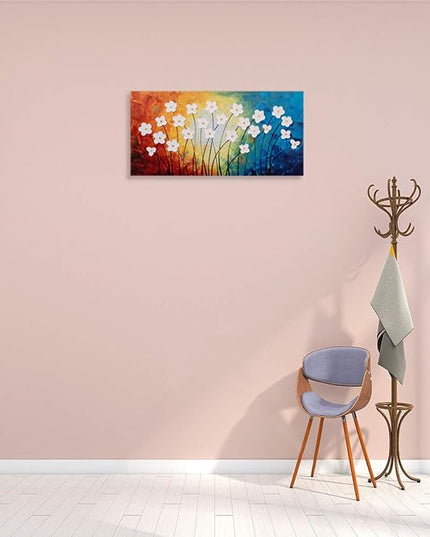 Yihui Arts Hand Painted Textured Flower Canvas Art: Rainbow Hues White Blossoms Abstract Wall Decor for Living Room, Bedroom & Office