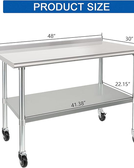 HARDURA Stainless Steel Table 30 x 48 Inches with Wheels Casters NSF Heavy Duty Commercial Prep Table with 2” Backsplash and Adjustable Undershelf for Restaurant Kitchen Home and Hotel