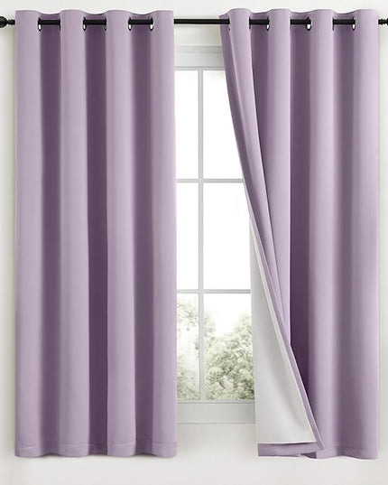 Yakamok Lilac 100% Blackout Curtains 63 Inches Long with 2 Thick Layers-Light Purple Room Darkening Thermal Insulated Window Curtain Set of 2 Panels for Bedroom Living Room 52x63 Inches,Lavender