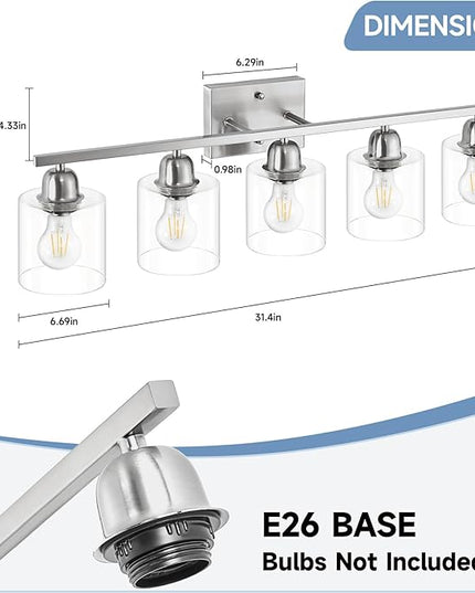 Modern Brushed Nickel 5 Light Bathroom Vanity Light, 31 inch Bathroom Lights Fixtures, Vanity Lights for Mirror Kitchen Living Room Hallway Cabinet Porch