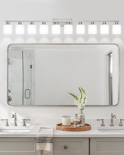 Brushed Nickel Bathroom Vanity Light for Giant Mirror, 10 Light Brushed Nickel Vanity Lights, 65 inch Wall Lamps for Bedroom for Mirrors with Milky White Frosted Glass Shades, E26