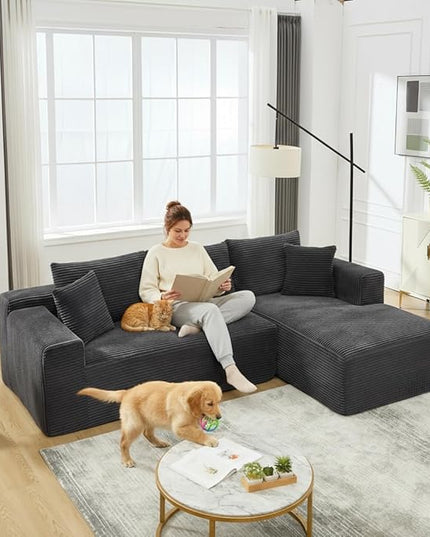 PELUMY 108.7" L-Shaped Modular Sectional Sofa with Oversized Chaise, Cloud Couch with Memory Foam, No Assembly Required Sleeper Sofa for Small Space Living Room, Apartment (Grey, Corduroy)