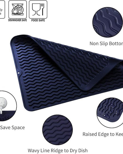 Silicone Dish Drying Mat for Multiple Usage,Easy clean,Eco-friendly,Heat-resistant Silicone Mat for Kitchen Counter or Sink,Refrigerator or drawer liner Navy Blue L 16 inches x 12 inches