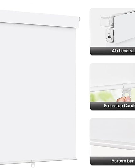 LazBlinds No Drill Blinds for Indoor Windows, Blackout Roller Shades, Cordless Window Blackout Blinds, Thermal Insulated Fabric UV Protection for Home and Office, 27.5" W x 48" H, White