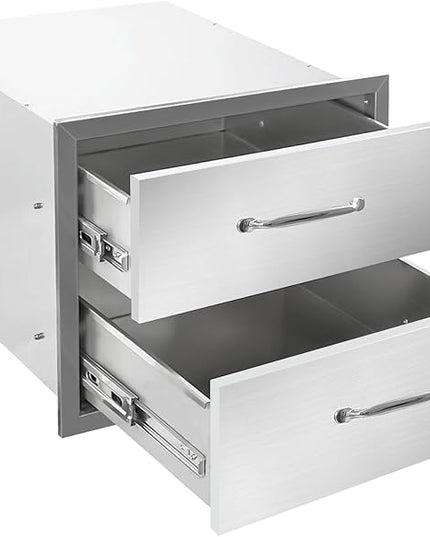 Outdoor Kitchen Drawers 18" W x 15" H x 23" D Flush Mount Double layer BBQ Drawers with Chrome Handle,Stainless Steel Built-in 2-Drawer for Outdoor Kitchen Island, Patio Grill Station