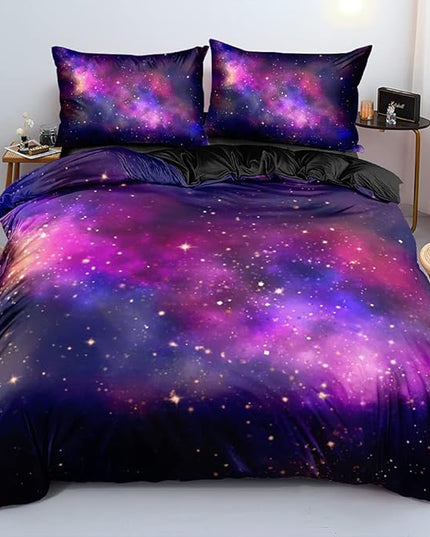 Galaxy Duvet Cover Space Bedding Set Queen Size for Teen Kids, for Boys and Girls Purple Bed Set Printed with 1 Comforter Cover and 2 Pillowcases