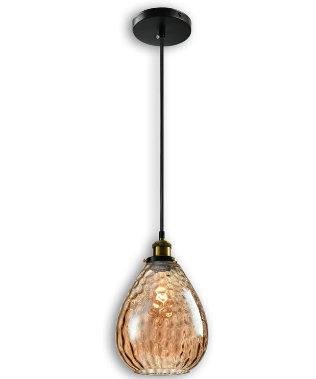 Modern Glass Pendant Light, 8"x9.6" Amber Ribbed Hanging Light Fixture with Gold Cap, 15"-72" Adjustable Cord, E26 Socket for Kitchen or Entryway – Sunrise Glow Teardrop