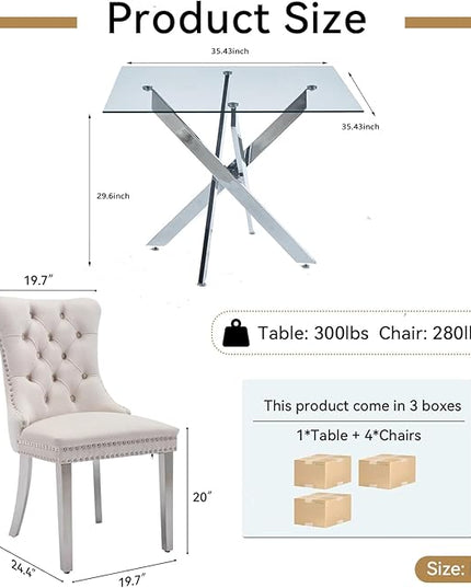 Glass Dining Table Set for 4, Square 36" Dining Table with Silver Cross Metal Leg, 4 Beige Velvet Dining Chairs with Stainless Steel Legs, Modern Glass Kitchen Table and Chairs Set for Small Space