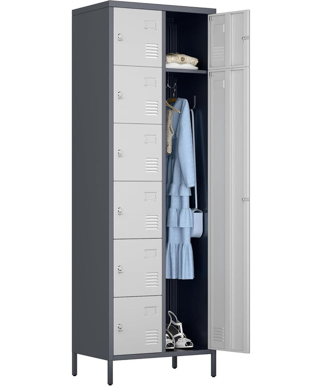 Aobabo 72" H Metal Lockable Storage Locker 7 Small Doors and 1 Big Door, Metal Lockers for empolyees with Hooks, for School Home Office Assembly Required, 8 Doors, Grey White