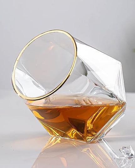 Diamond Wine Glass Set of 2, Modern Stemless Golden Edge Glass Cups Drinking Glassware for Serving Party,Home,Bar, Restaurants Transparent