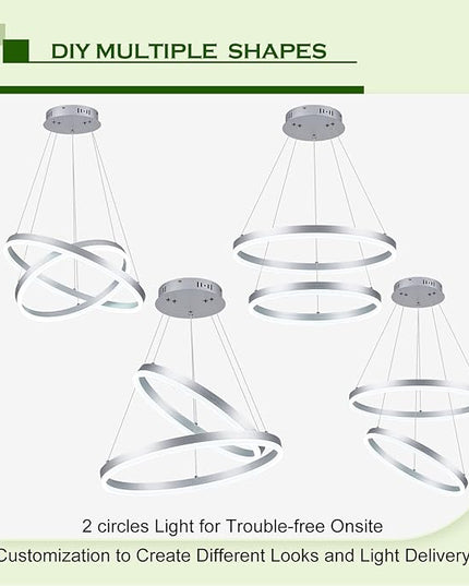2-Rings Modern LED Chandelier Silver for Dining Room, Circular Flush Mount Ceiling Chandelier Light Dimmable Pendant Light with Remote Control for Living Room Entrance Foyer, 3000K-6500K