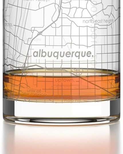 Well Told Engraved Albuquerque New Mexico Map Rocks Glass, Old Fashioned Glassware (11 oz, Clear) Etched Bourbon Tumbler, Gifts For Whiskey Lovers