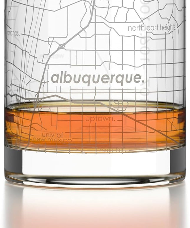 Well Told Engraved Albuquerque New Mexico Map Rocks Glass, Old Fashioned Glassware (11 oz, Clear) Etched Bourbon Tumbler, Gifts For Whiskey Lovers