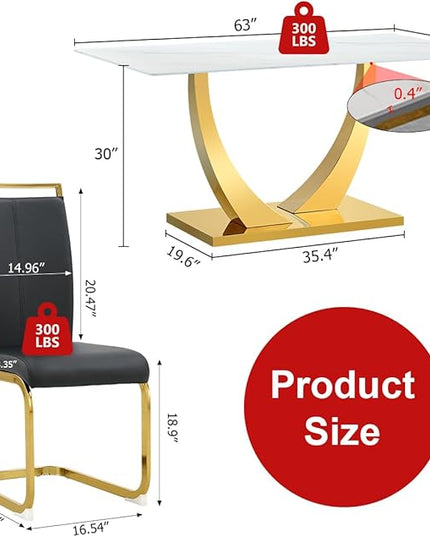 63” Dining Room Table Set for 4,Modern Gold Dining Table Set for 4, Rectangle Kitchen Table Set with Leather Chairs, White Faux Marble Dinner Table Set with Tempered Glass Top and Golden Base