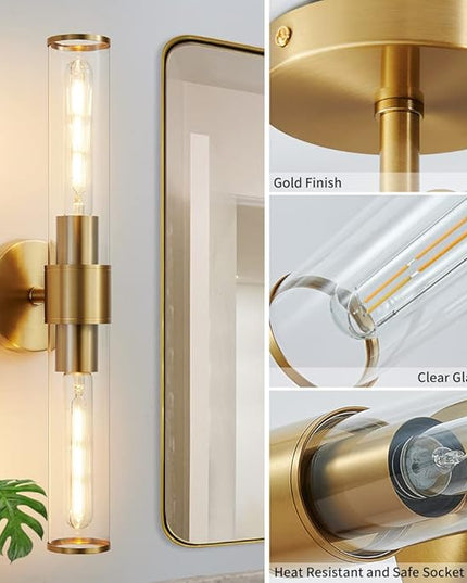 Gold Wall Sconce, Bathroom Light Fixtures in Clear Glass Indoor Wall Sconces, Modern Sconce Wall Lighting Up and Down Vanity Lights Fixtures for Bathroom,Living Room - Bulb Not Included