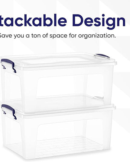 Superio Clear Storage Bins with Lids, 28.5 Quart BPA Free Plastic Containers, Transparent Boxes for Organizing, Stackable Crates, Organizer Totes for Home, Office, School, and Dorm