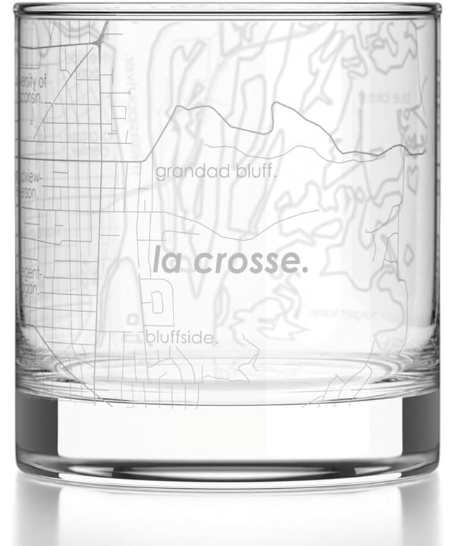 Well Told Engraved La Crosse Wisconsin Map Rocks Glass, Old Fashioned Glassware (11 oz, Clear) Etched Bourbon Tumbler, Gifts For Whiskey Lovers