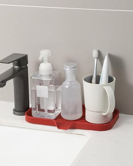 Silicone Bathroom Soap Dishes with Drain Spout-Bathroom and Kitchen Sink Organizer,Sponge Holder,Dish Soap Tray,Perfect for Dispenser,Scrubber,Bottle,Cup on Sink or Counter-Red 9.6"×5.3"