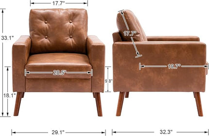PU Accent Arm Chair with Tufted Back, Faux Leather Comfy Upholstered Single Sofa, Mid Century Modern Side Club Chair with Wood Legs for Reading/Living Room/Bedroom, Caramel