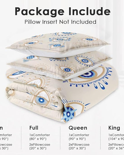 Full Size Comforter Set with 2 Pillowcases, Bohemian Eye 3 Pcs Bedding for Kids and Adults, Blue Boho Soft Comforter Set for Bedroom Bed Decor