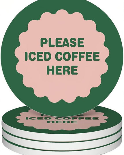 zcyhtqp, Please Iced Coffee Here, Funny Absorbent Round Ceramic Stone Coasters Set of 4 with Cork Base, Funny Coffee Coasters, Gifts for Home, Kitchen, Office Table Décor