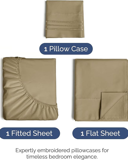 Twin Size 3 Piece Sheet Set - Comfy Breathable & Cooling Bed Sheets Set - Hotel Luxury Bedding for Women, Men, Kids, Teens, Boys & Girls - Deep Pockets, Ultra-Soft and Wrinkle Free - Oeko-Tex - Khaki