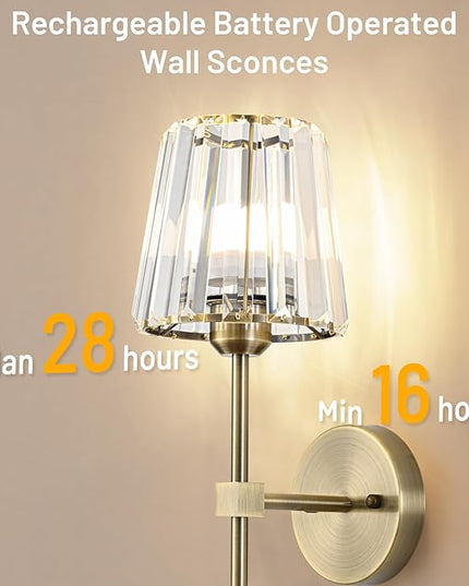 Crystal Battery Operated Wall Sconces Set of 2, Brass Rechargeable Wireless Wall Lights with Crystal Lampshade, 12 RGB and 3CCT Dimmable Wall Lamp with Remote for Bedroom Living Room Hallway