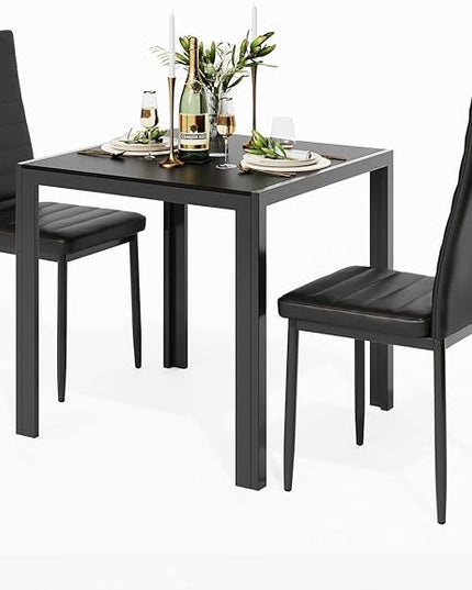 Gizoon 3 Piece Glass Dining Table Set, Kitchen and Chairs for 2, PU Leather Modern Room Sets for Home, Kitchen, Living Room