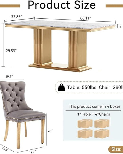 HomVent 68.11'' Rectangle Dining Table Set, Modern Faux Marble Top & Stainless Steel Base (White with 4 Grey Chairs, 5 Pieces)