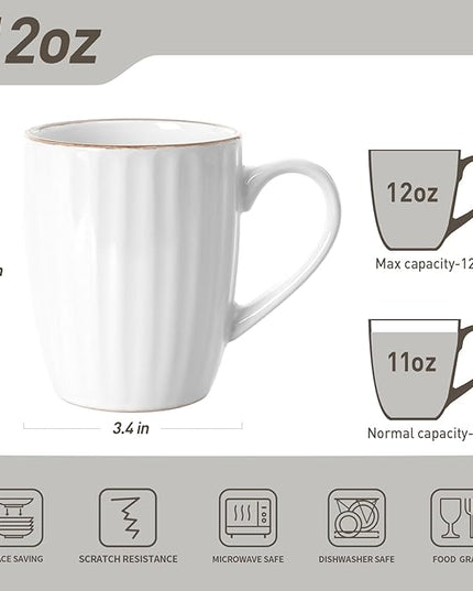 famiware Coffee Mugs Sets for 4, 12 oz Mug Set, Coffee Cups with Handle for Coffee, Tea, Cocoa and Milk, Microwave and Dishwasher Safe, White Stripe