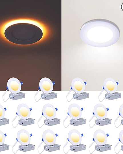 CycevSun 16 Pack 4 Inch LED Recessed Lights with Night Light - Canless Ultra Thin Wafer Downlight Soffit, Dimmable & 5 Color Temperature Selectable, 9W, ETL & Energy Star