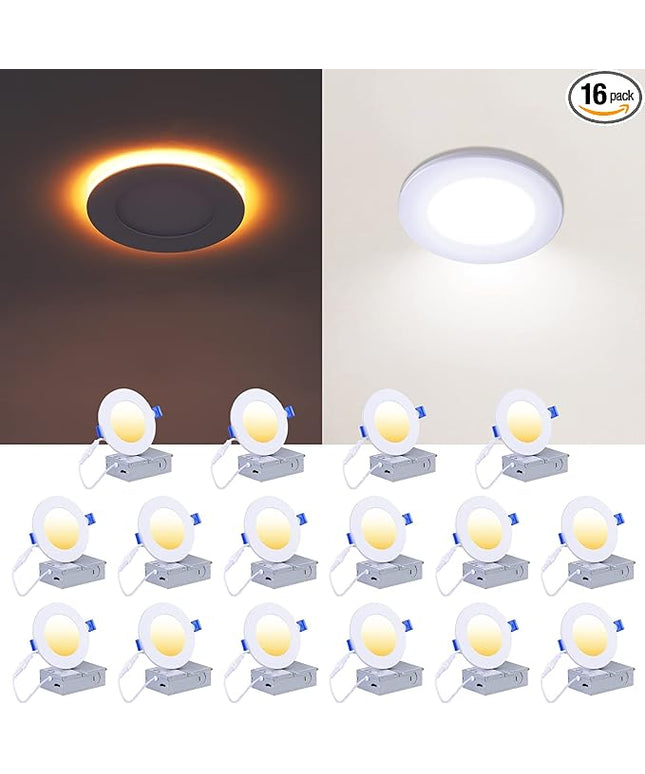 CycevSun 16 Pack 4 Inch LED Recessed Lights with Night Light - Canless Ultra Thin Wafer Downlight Soffit, Dimmable & 5 Color Temperature Selectable, 9W, ETL & Energy Star