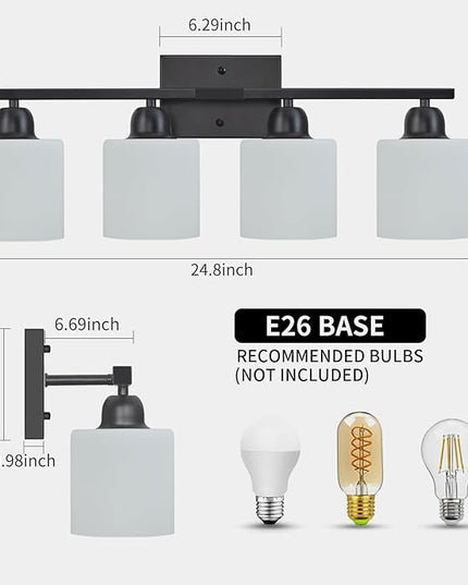 4-Light Black Bathroom Vanity Light, Light Fixtures with Milky White Frosted Glass Shades, Black Vanity Light for Bathroom Mirror, Bedroom, Living Room, Vanity Table, E26 Base