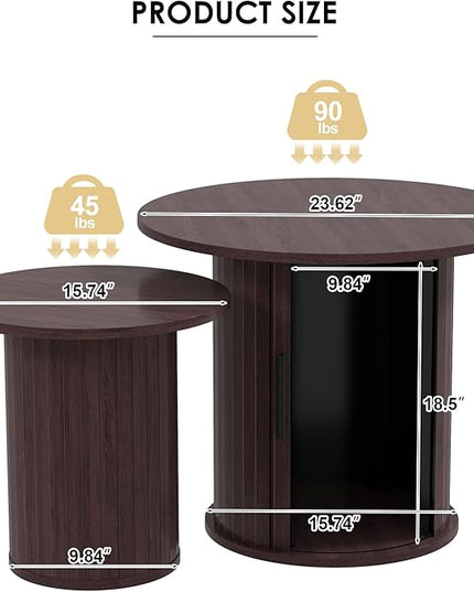 COSVALVE Nesting Coffee Table Set of 2 with Hidden Storage & Sliding Door, Circle Wood Coffee Table, Farmhouse Side & End Table Sets for Living Room, Small Spaces, Walnut