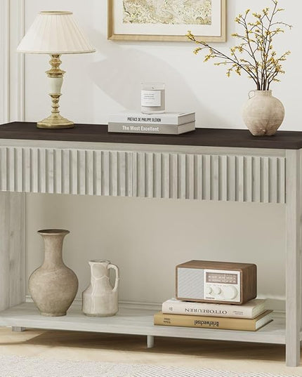 BON AUGURE Entryway Table with Storage, 47In Console Table with 2 Drawers, Two-Tier Sofa Console Tables for Living Room, Modern Hallway Tables, Walnut and Washed Grey Oak