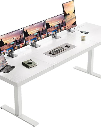 OffiGo Electric Standing Desk with 3-Piece Board, 79 Inch Height Adjustable Large Desk with Power Outlets, Sit Stand Table, Writing Computer Workstation for Home, Office, White