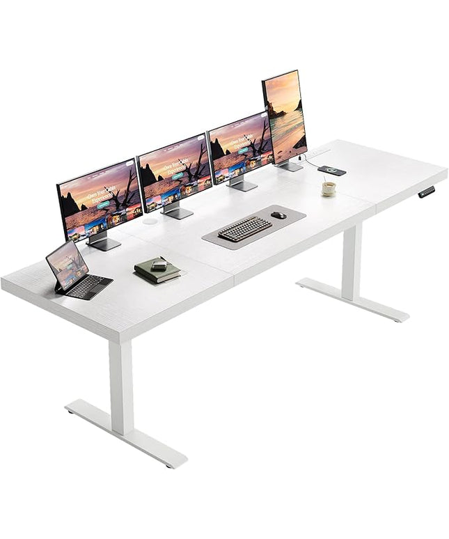 OffiGo Electric Standing Desk with 3-Piece Board, 79 Inch Height Adjustable Large Desk with Power Outlets, Sit Stand Table, Writing Computer Workstation for Home, Office, White