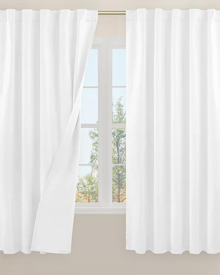 LAMIT White 100% Blackout Linen Curtains, 63 Inches Linen Textured Thermal Bedroom Curtains Back Tab and Rod Pocket Neutral Panels with White Liner for Short Windows, 2 Panels, 42 x 63 Inch
