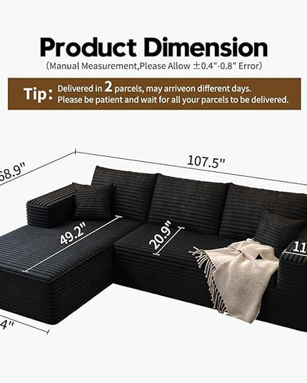 107.5" Cloud Modular Sectional Sofa Couch with L-Shape Chaise,Modern Minimalist Upholstered Couches for Living Room Bedroom,Deep Seat Corner Couch，No Assembly Required (Black,Left Facing Chaise)