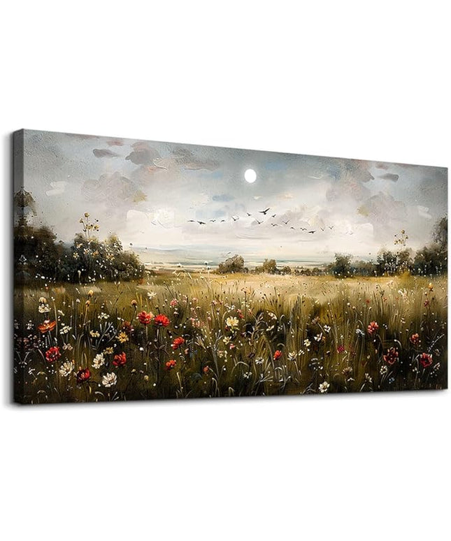 Wapluam Wall Decor For Living Room Canvas Wall Art For Bedroom Wildflower Field Vintage Wall Art Canvas Prints Paintings Farmhouse Artworks Pictures Modern Bathroom Aesthetic Home Wall Decor 40"X20"