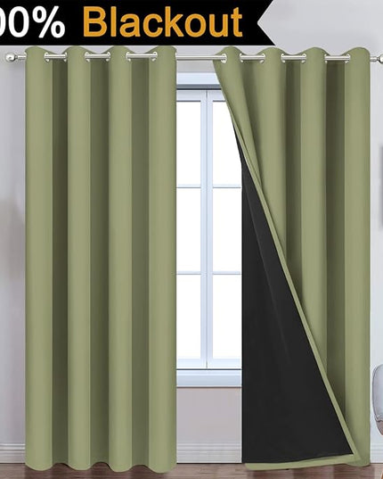 Yakamok Total Blackout Curtains, 2 Thick Layers Completely Blackout Thermal Insulated Drapes with Black Liner for Bedroom(52Wx84L, Sage, 2 Panels)
