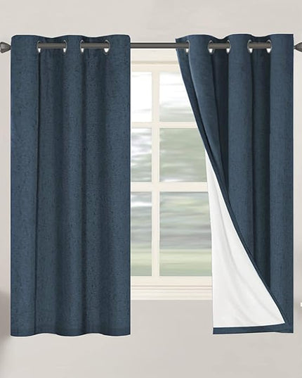 H.VERSAILTEX Primitive Linen Curtains 100% Blackout Curtain Drapes Burlap Fabric Curtains with White Thermal Insulated Liner, Grommet Top Drapes Living Room/Bedroom (2 Panels, 42 x 63 Inch, Navy)